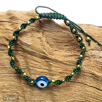 Eshopitude 10 mm Sky Blue Evil Eye Buri Nazar protection Lucky Twisted Dark Green Macrame Thread Weaving With Brass beads Adjustable Size Bracelet For Men And Women-thumb2