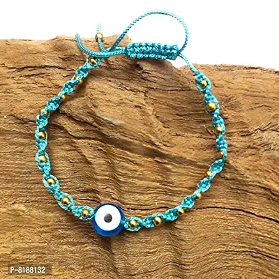 Eshopitude 10 mm Sky Blue Evil Eye Buri Nazar protection Lucky Twisted Sky Blue Macrame Thread Weaving With Brass beads Adjustable Size Bracelet For Men And Women-thumb4