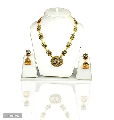 ESHOPITUDE Temple Designer Long Gold Plated Necklace & Earrings Set for Women-thumb3
