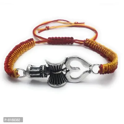 Eshopitude Brass Lord Shiva's Trishul And Damru Rakhi Bracelet For Men (red Yellow)-thumb0