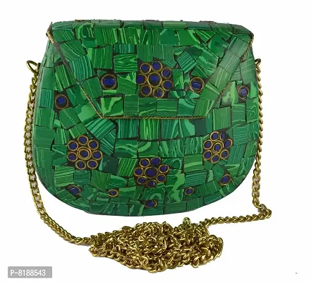 Eshopitude Gift Item Chipped Stone Metal Clutch Green (Malachite) Onyx Gemstone With Shoulder Chain Brass Women's & Girl's Handbag/Clutch/Purse Pouch-thumb0