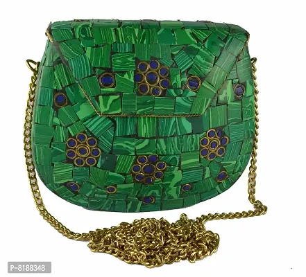 Eshopitude Gift Item Chipped Stone Metal Clutch Malachite Gemstone With Shoulder Chain Brass Women's  Girl's Handbag/Clutch/Purse Pouch (GREEN)-thumb0