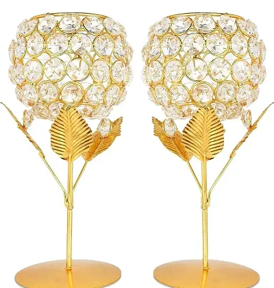 Arsalan Metal & Crystal Ross Gold Plated Tea Light Candle Holder Stand (Pack of 2)