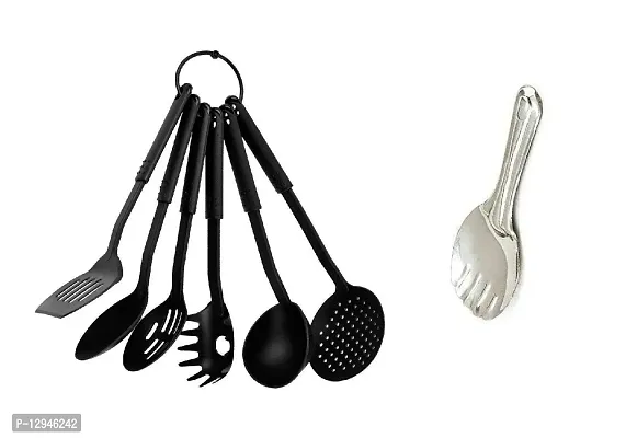 Nylon Heat-Resistant Nonstick Spoon Spatula Turner Scoop Kitchen Cooking Utensil Tools Set 6 Pcs Black Tong With Stainless Steel Cooking Rice Palta 2 Pcs-thumb0