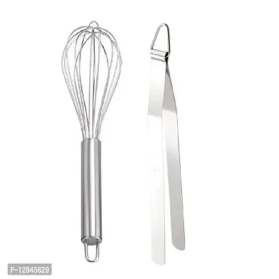 Stainless Steel Egg Beater With Stainless Steel Roti Tong Chimta 2 Pcs-thumb0