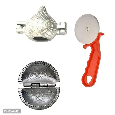 Aluminium Modak And Gujiya Mould Sancha With Plastic Handle Pizza Cutter 3 Pcs