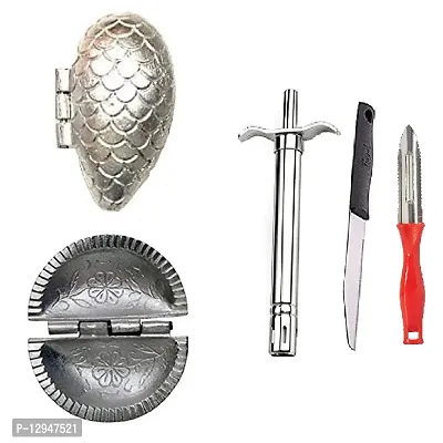 Aluminium Momos And Gujiya Mould SanchaAnd Stainless Steel Gas Lighter With knife And Plastic Peeler 4 Pcs-thumb0