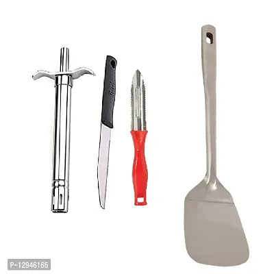 Stainless Steel Gas Lighter With Knife And Plastic Peeler And SS Cooking Spoon Strainer Palta With Long Handle 4 Pcs