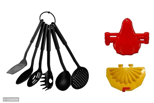 Nylon Heat-Resistant Nonstick Spoon Spatula Turner Scoop Kitchen Cooking Utensil Tools Set 6 Pcs Black Tong And Plastic Modak And Gujiya Mould Sancha Maker 3 Pcs