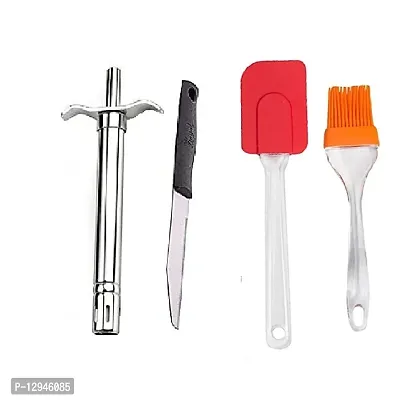 Stainless Steel Gas Lighter With Knife With Silicone Big Spatula And Brush Set Of 4