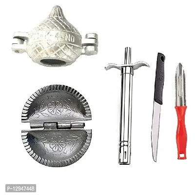 Aluminium Modak And Gujiya Mould SanchaAnd Stainless Steel Gas Lighter With knife And Plastic Peeler 4 Pcs