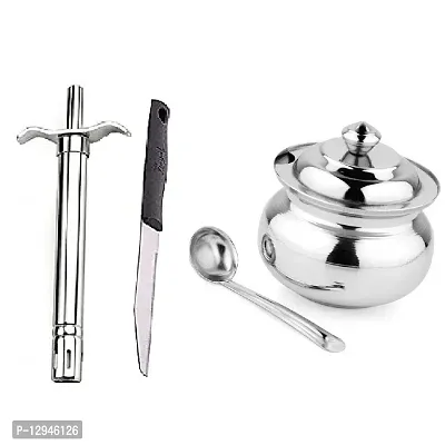 Stainless Steel Gas Lighter With Knife And Stainless Steel Ghee Pot Jar With Spoon Set Of 3-thumb0