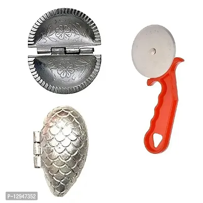 Aluminium Gujiya And Momos Mould Sancha With Plastic Handle Pizza Cutter 3 Pcs-thumb0