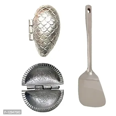 Aluminium Momos And Gujiya Mould Sancha And SS Cooking Spoon Strainer Palta With Long Handle 3 Pcs