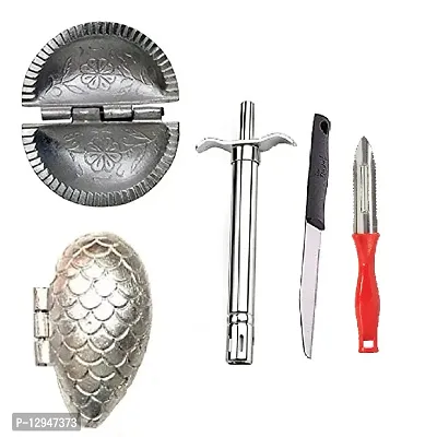 Aluminium Gujiya And Momos Mould Sancha And Stainless Steel Gas Lighter With knife And Plastic Peeler 4 Pcs-thumb0