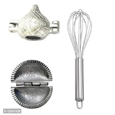 Aluminium Modak And Gujiya Mould Sancha With Stainless Steel Egg Beater Whisk 3 Pcs