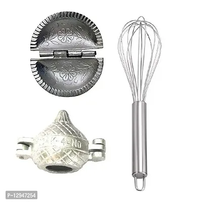 Aluminium Gujiya And Modak Mould Sancha With Stainless Steel Egg Beater Whisk 3 Pcs