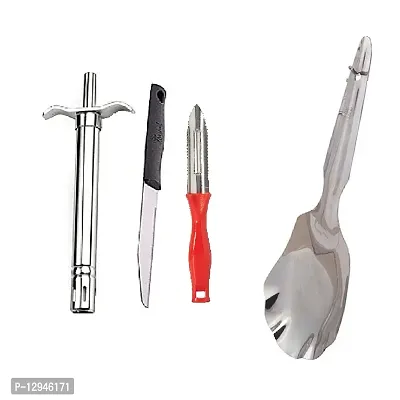 Stainless Steel Gas Lighter With Knife And Plastic Peeler And Stainless Steel Cooking Rice Palta Panja 4 Pcs-thumb0