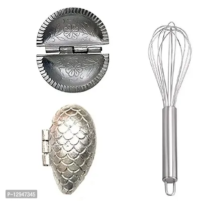 Aluminium Gujiya And Momos Mould Sancha With Stainless Steel Egg Beater Whisk 3 Pcs