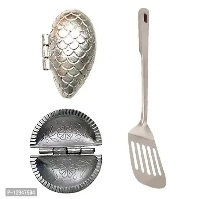 Aluminium Momos And Gujiya Mould Sancha And SS Cooking Spoon Strainer Egg Palta With Long Handle 3 Pcs