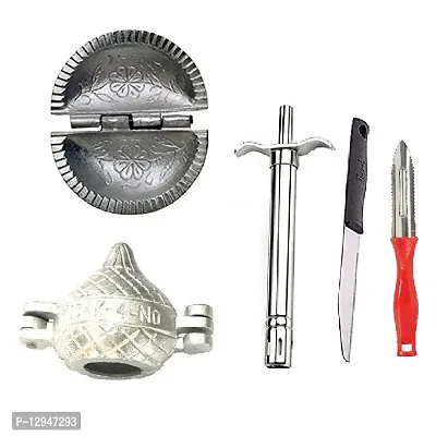 Aluminium Gujiya And Modak Mould SanchaAnd Stainless Steel Gas Lighter With knife And Plastic Peeler 4 Pcs-thumb0