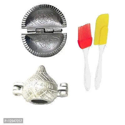 Aluminium Gujiya And Modak Mould Sancha With Silicone Mini Spatula And Brush Set 4 Pcs-thumb0