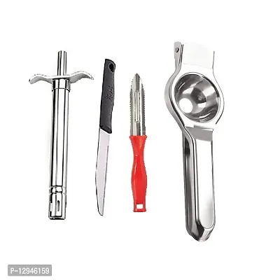 Stainless Steel Gas Lighter With Knife And Plastic Peeler And Stainless Steel Lemon Squazer 4 Pcs-thumb0