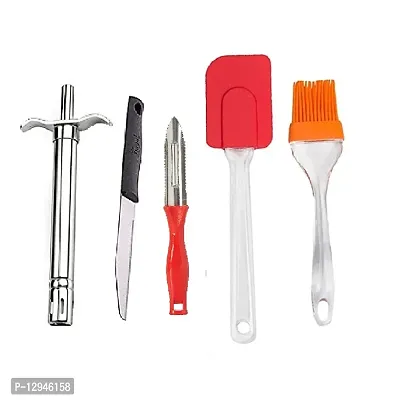 Stainless Steel Gas Lighter With Knife And Plastic Peeler And Silicone Big Spatula And Brush Set 5 Pcs-thumb0