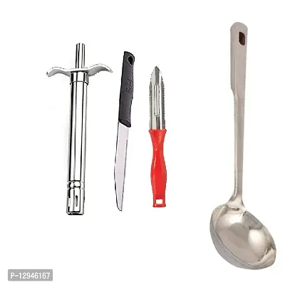 Stainless Steel Gas Lighter With Knife And Plastic Peeler And SS Cooking Spoon Strainer Chamcha With Long Handle 4 Pcs