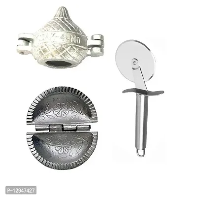 Aluminium Modak And Gujiya Mould Sancha With Stainless Steel Pizza Cutter 3 Pcs