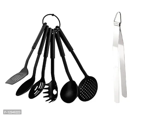 Nylon Heat-Resistant Nonstick Spoon Spatula Turner Scoop Kitchen Cooking Utensil Tools Set 6 Pcs Black With Stainless Steel Chimta Tong 2 Pcs-thumb0