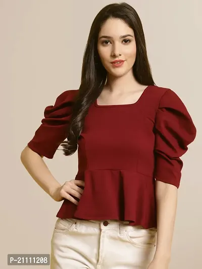 Elegant Maroon Polyester Solid Top For Women