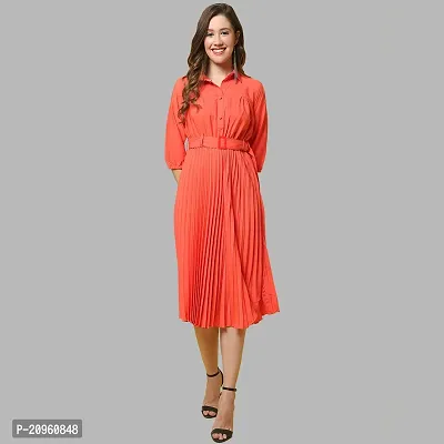 Stylish Peach Polyester Pleated A-Line Dress For Women-thumb0