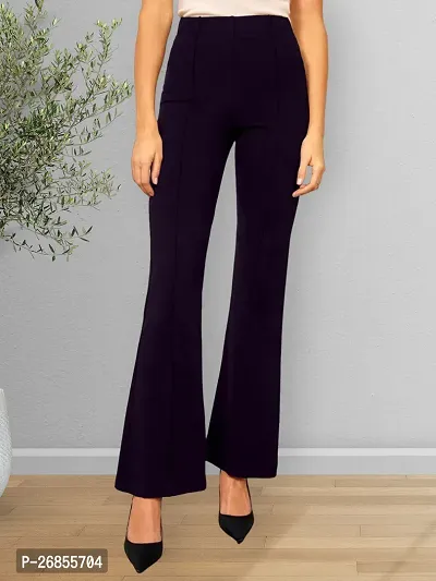 Elegant Navy Blue Cotton Solid Trousers For Women