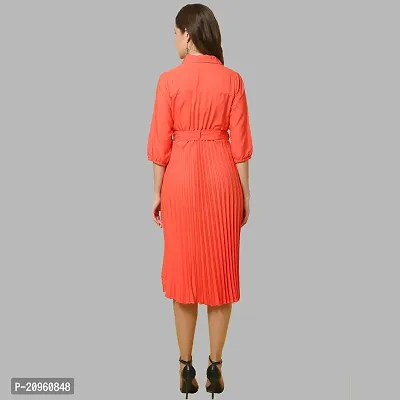 Stylish Peach Polyester Pleated A-Line Dress For Women-thumb2