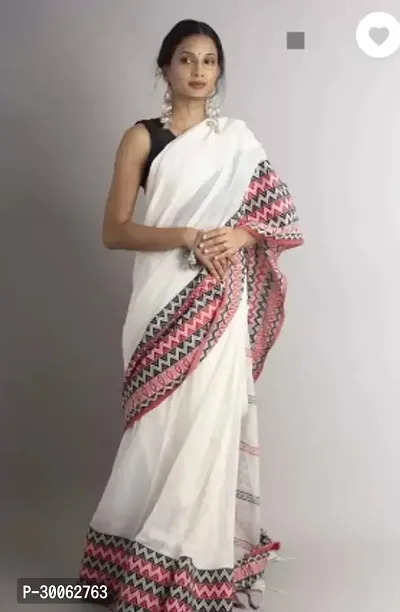 Stylish Cotton Blend White Printed Saree with Blouse piece-thumb0