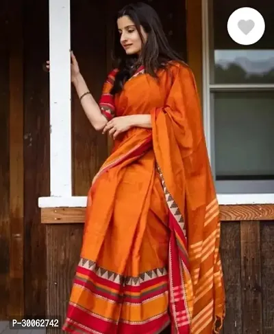 Stylish Cotton Blend Orange Printed Saree with Blouse piece-thumb0