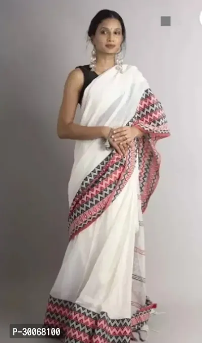 Stylish Cotton Blend White Printed Saree with Blouse piece-thumb0