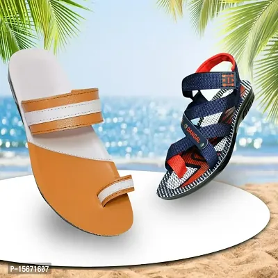 AMFEET Stylish and Trending sandal and slipper Blue with Golden Slipper combo for men|-thumb0