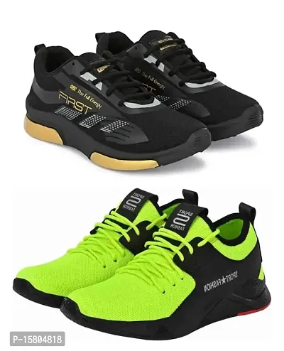 AMFEET Stylish Black with Gold and Green with Black Sports shoes combo for men|