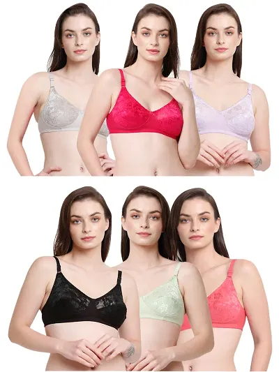 Pack Of 6 Non Padded All Day Comfort Bra Green Lavender Coral Pink Black Grey
