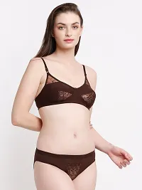 Pack Of 3 Combo Women Cotton Blend Non Padded Lace Bra And Mid Rise Panty Lingerie Set - Pink, Brown, Blue-thumb3