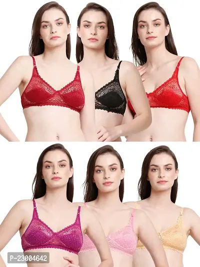 Pack Of 6 Non Padded Lacy All Day Comfort Cocktail Bra Maroon Red Pink Magenta Beige Black