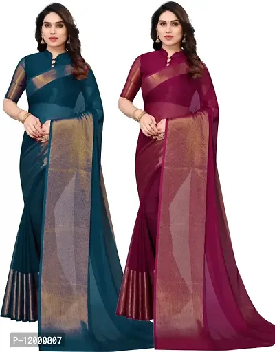 Combo of 2 Chiffon Lace Border Woven Design Saree with Blouse Piece-thumb0