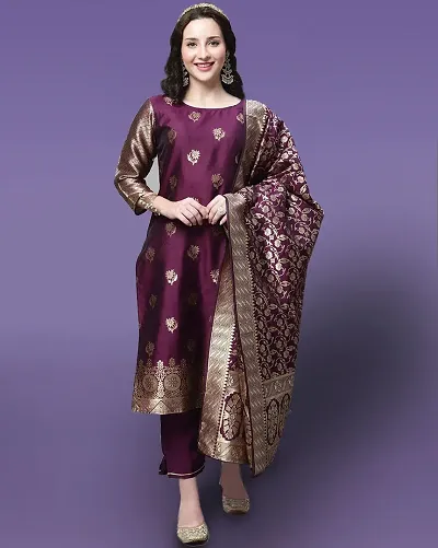 Attractive Woven Design Banglori Silk Kurta Pant With Dupatta For Women