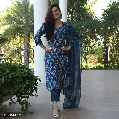 Trendy Blue Printed Cotton Blend Kurta Pant With Dupatta For Women-thumb4