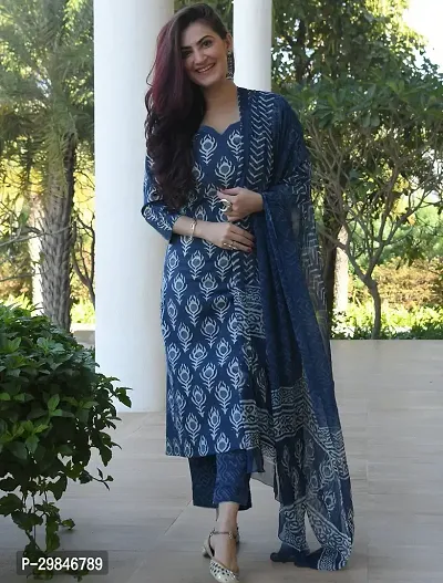 Trendy Blue Printed Cotton Blend Kurta Pant With Dupatta For Women-thumb0