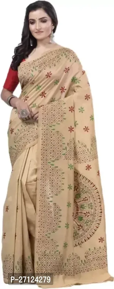 Stylish Cotton Beige Printed Saree With Blouse Piece-thumb0