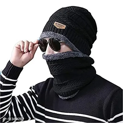 EVILLIVE Soft Unisex Woolen Beanie Cap Plus Neck Warmer Muffler Scarf Set for Men Women Girl Boy (Black)