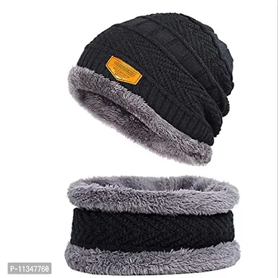 EVILLIVE Soft Unisex Woolen Beanie Cap Plus Neck Warmer Muffler Scarf Set for Men Women Girl Boy (Gray)-thumb3